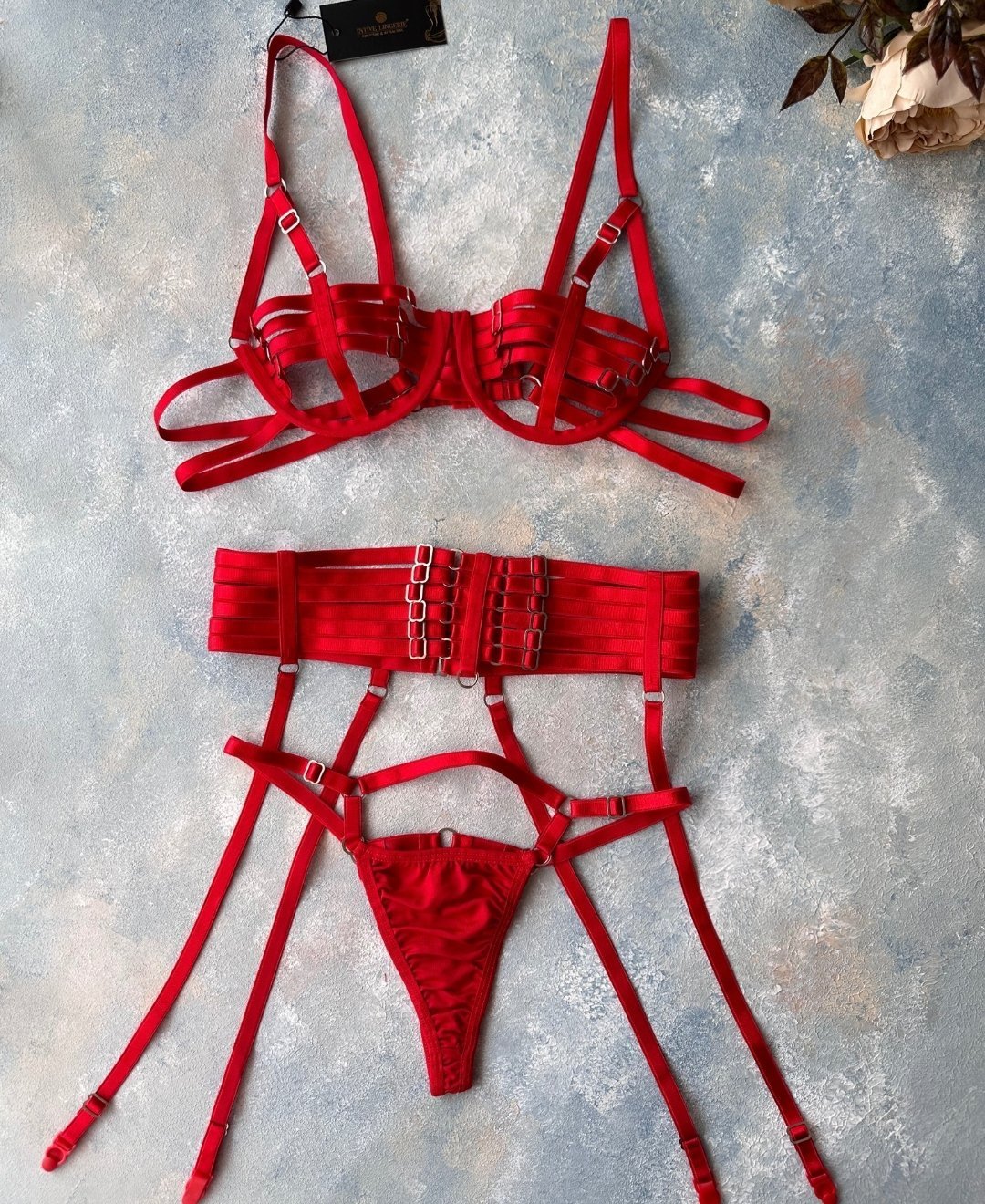 LINGERIE BRAS BRA RED LACEE 3-PIECE